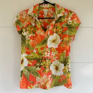 Caribbean Joe Pullover Medium Hawaiian Floral Shirt Orange Green White Aloha